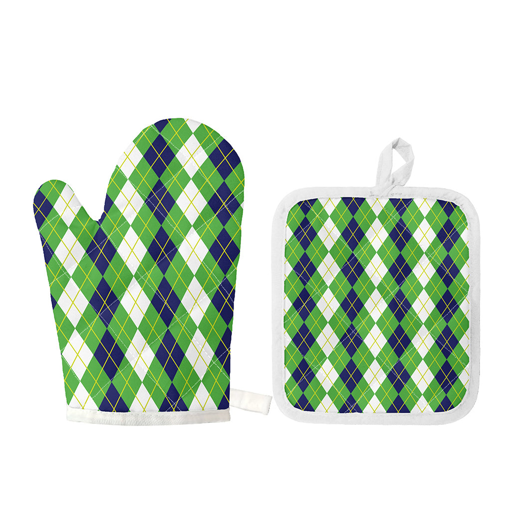 White Green And Navy Argyle Print Oven Mitt And Pot Holder Set