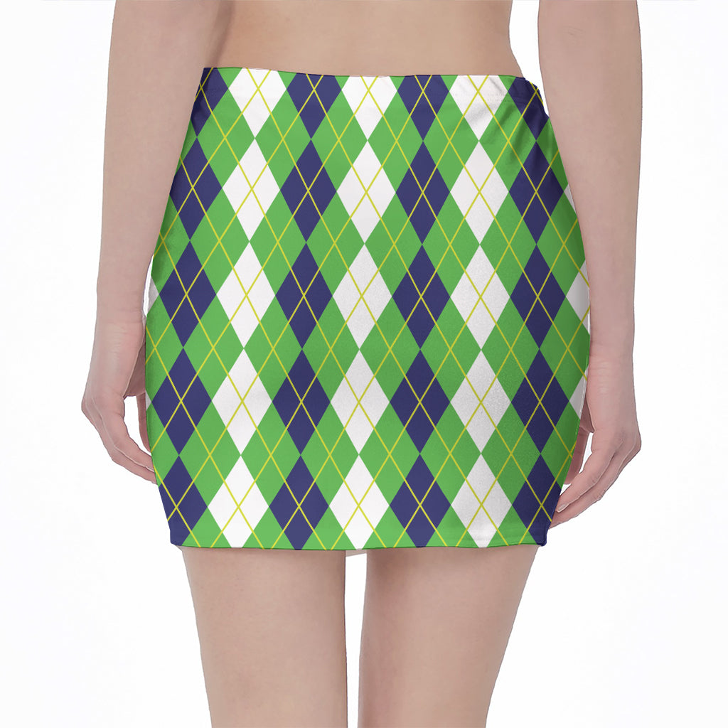 White Green And Navy Argyle Print Pencil Mini Skirt