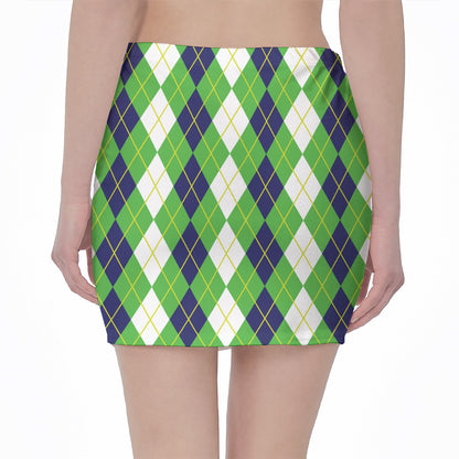 White Green And Navy Argyle Print Pencil Mini Skirt