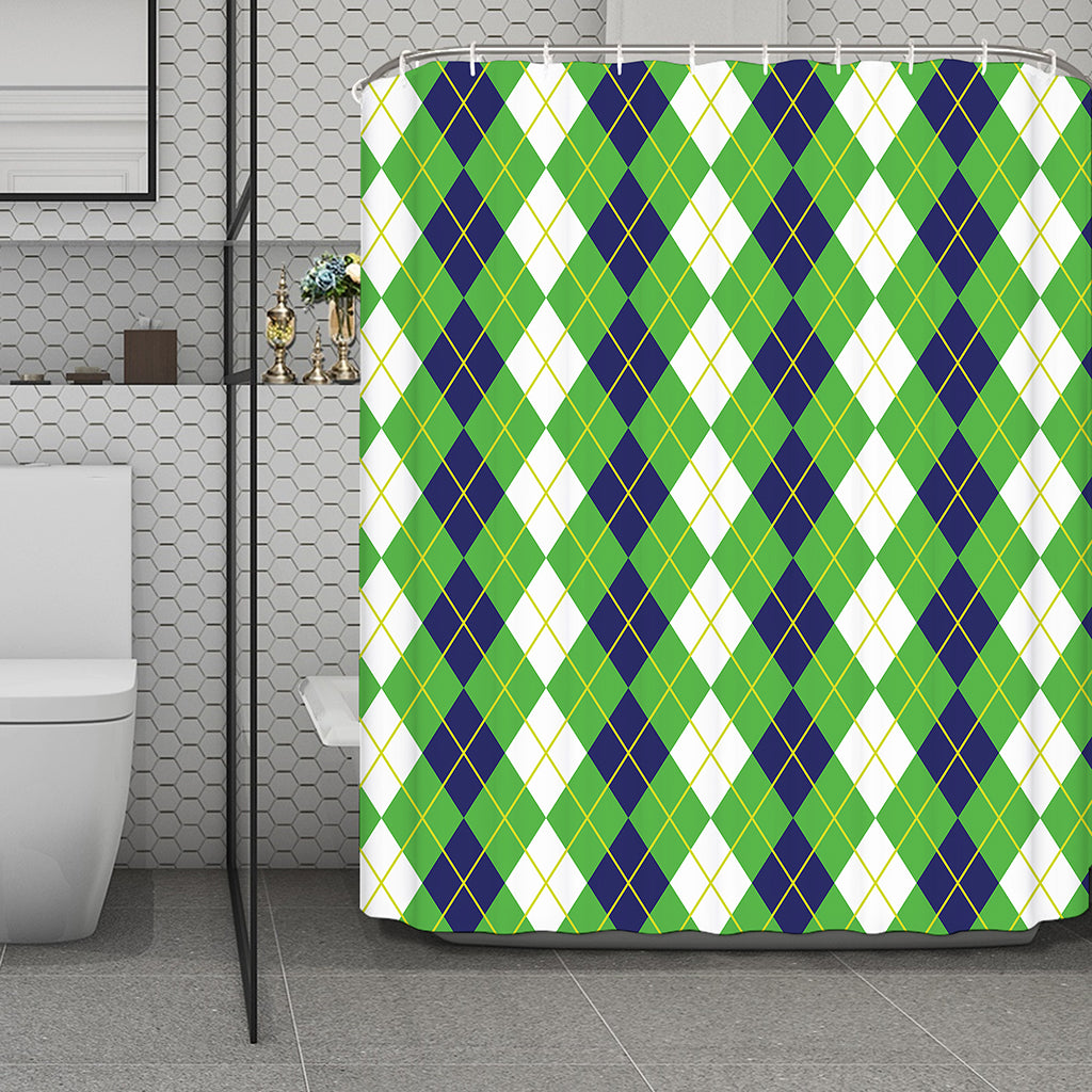 White Green And Navy Argyle Print Polyester Shower Curtain