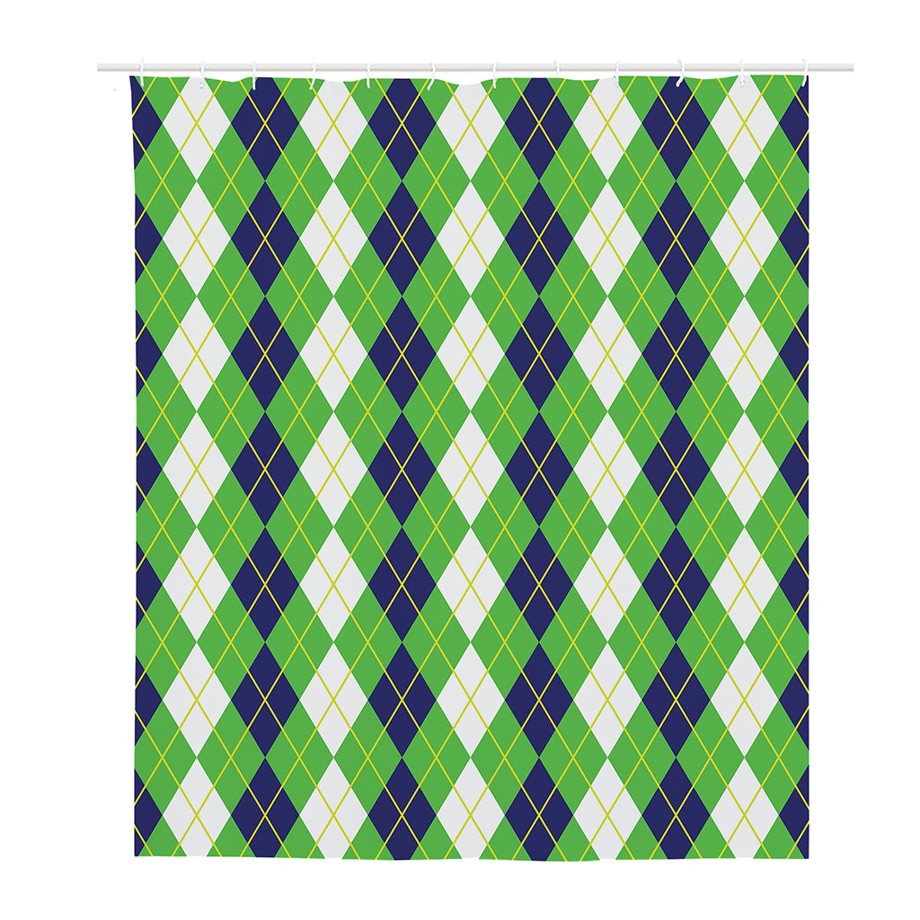 White Green And Navy Argyle Print Polyester Shower Curtain