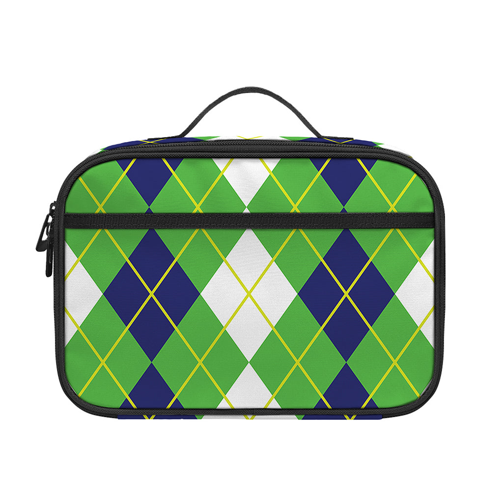 White Green And Navy Argyle Print Portable Lunch Bag