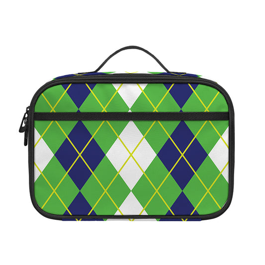 White Green And Navy Argyle Print Portable Lunch Bag