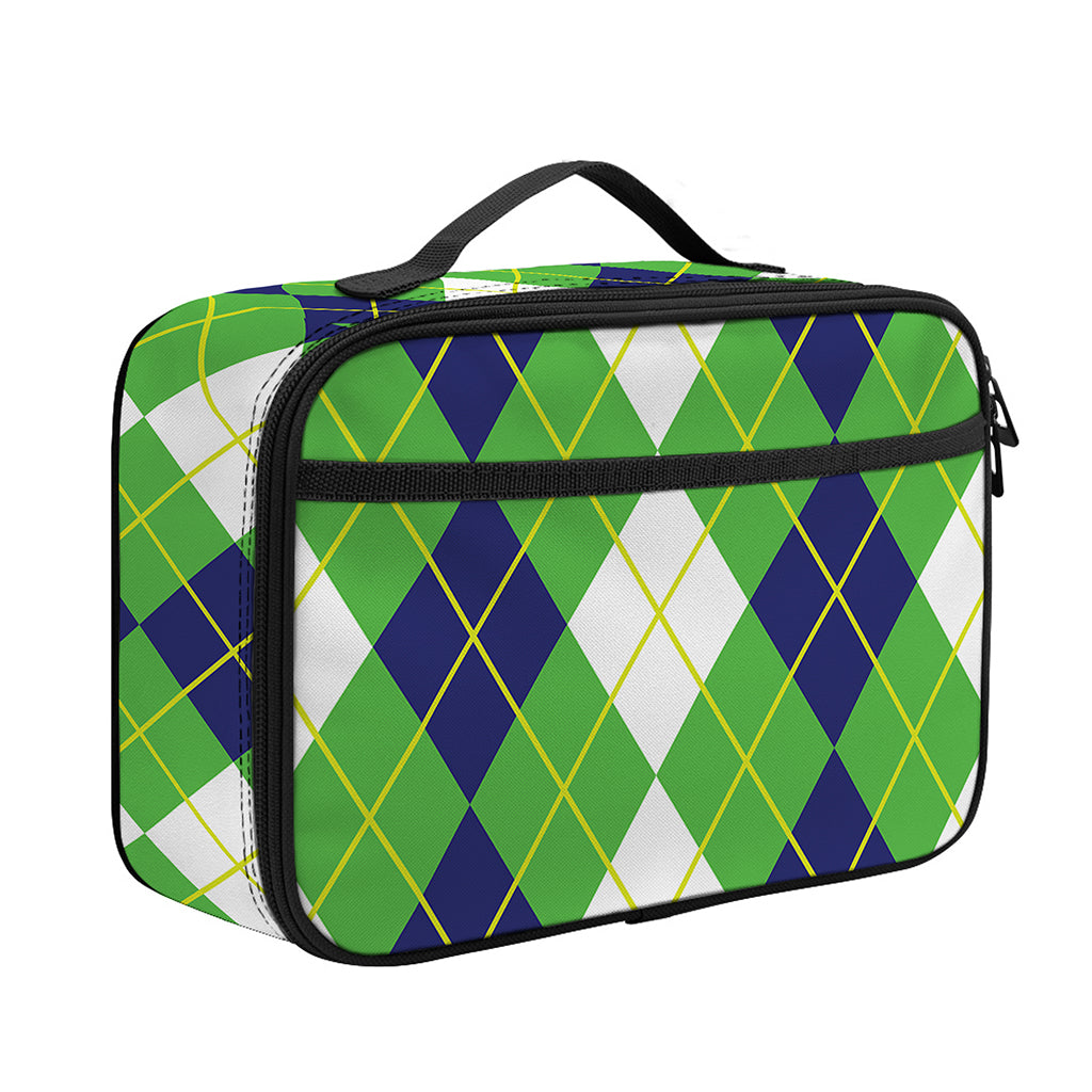 White Green And Navy Argyle Print Portable Lunch Bag