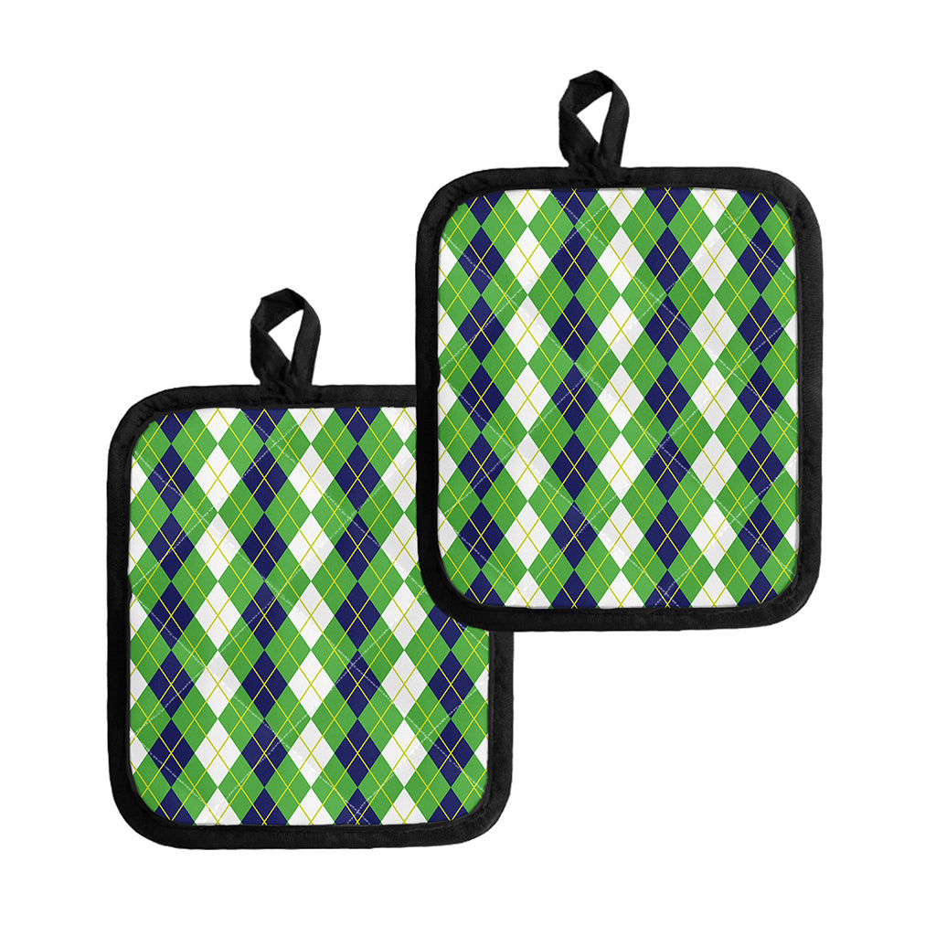White Green And Navy Argyle Print Pot Holders
