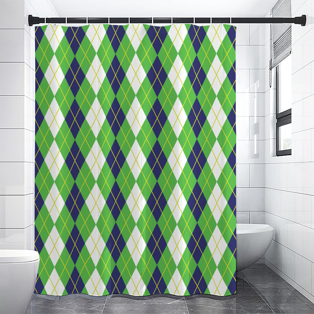 White Green And Navy Argyle Print Premium Shower Curtain