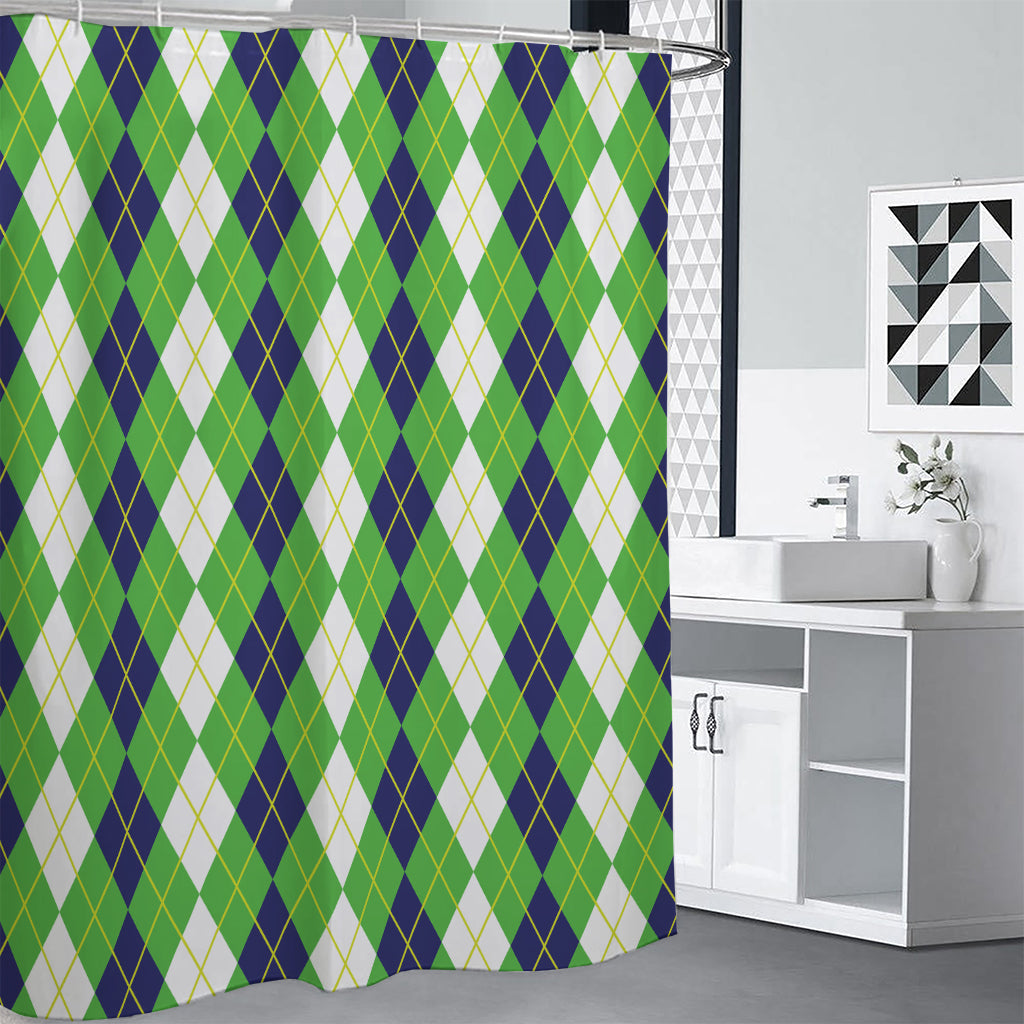 White Green And Navy Argyle Print Premium Shower Curtain