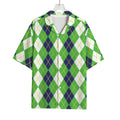 White Green And Navy Argyle Print Rayon Hawaiian Shirt
