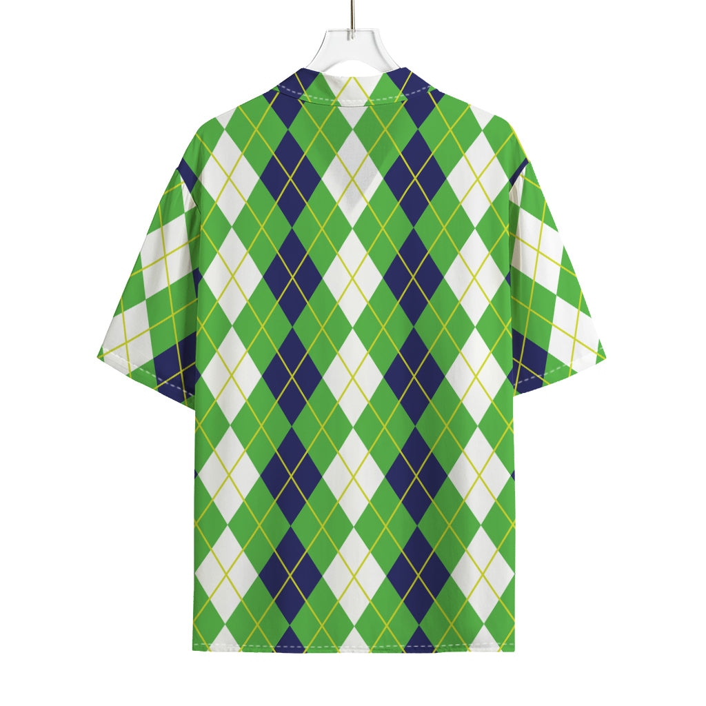 White Green And Navy Argyle Print Rayon Hawaiian Shirt
