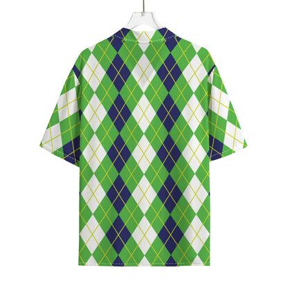 White Green And Navy Argyle Print Rayon Hawaiian Shirt