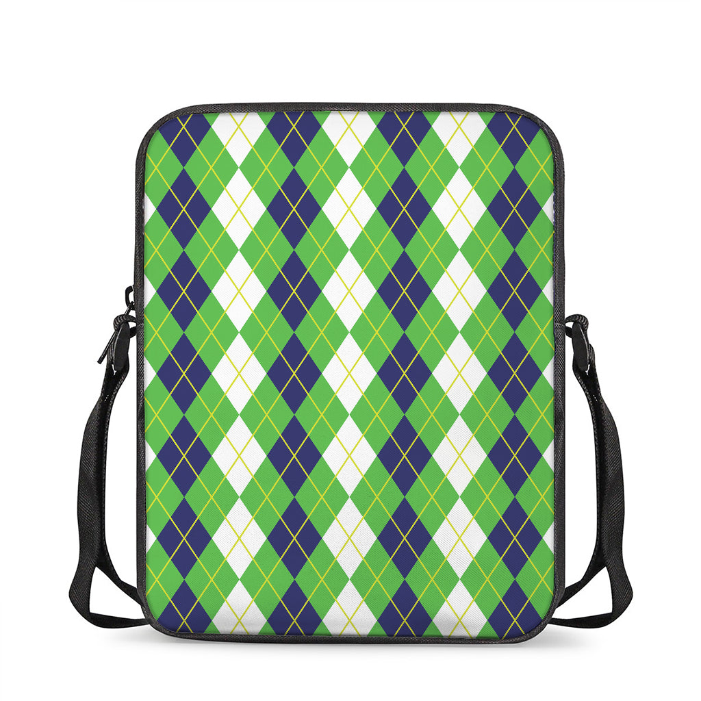 White Green And Navy Argyle Print Rectangular Crossbody Bag