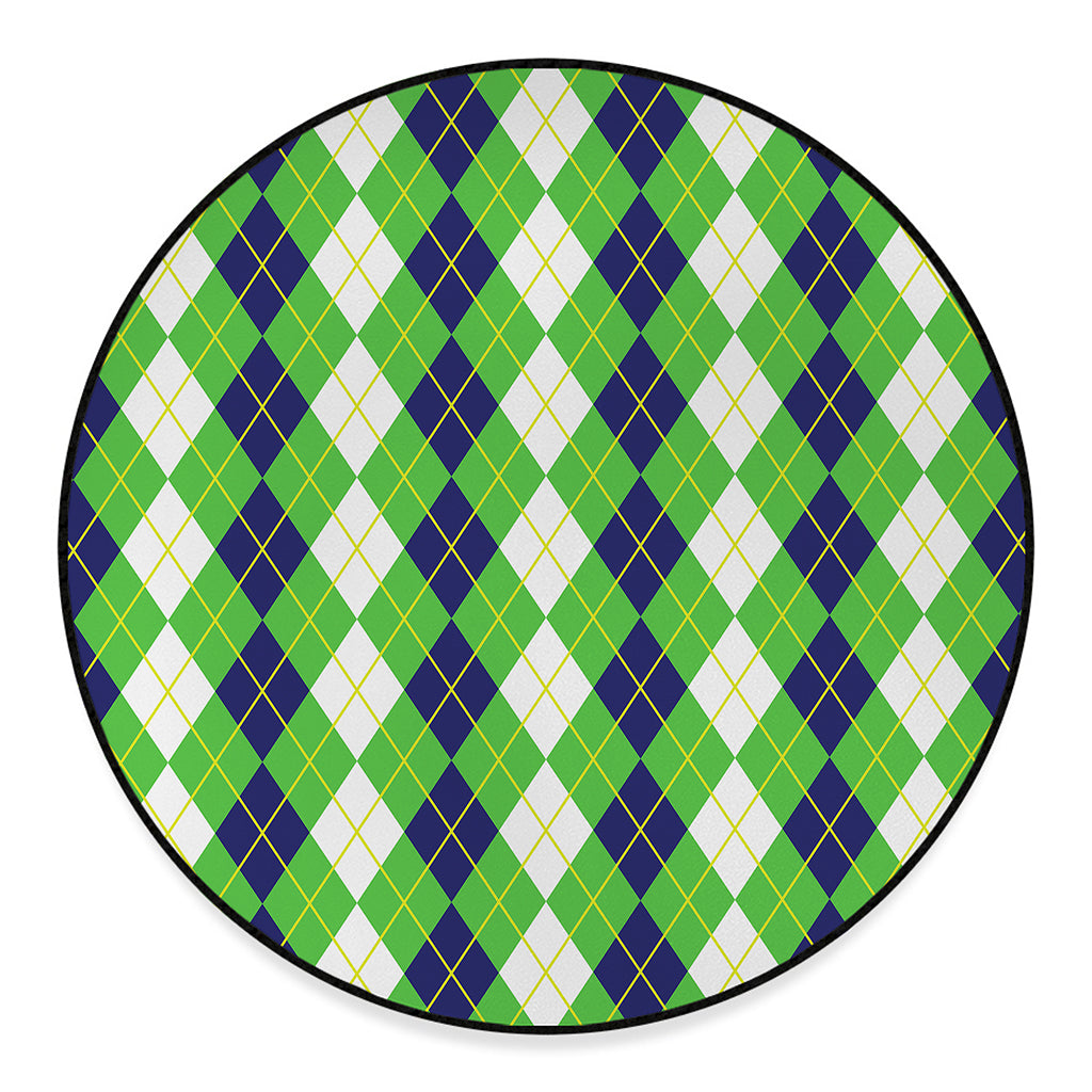 White Green And Navy Argyle Print Round Floor Mat