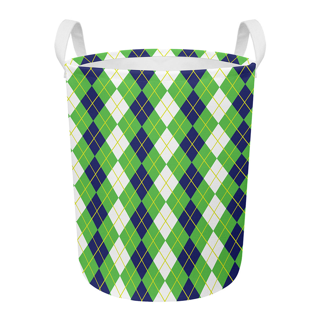 White Green And Navy Argyle Print Round Laundry Basket