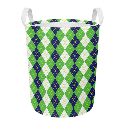 White Green And Navy Argyle Print Round Laundry Basket