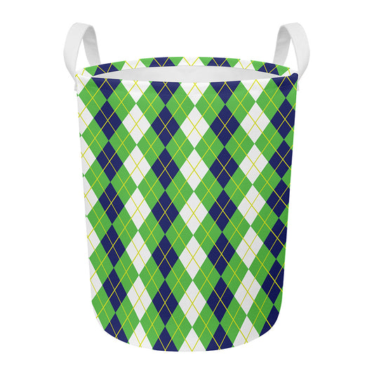 White Green And Navy Argyle Print Round Laundry Basket