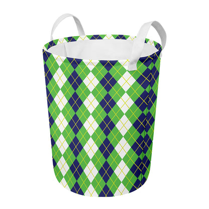 White Green And Navy Argyle Print Round Laundry Basket