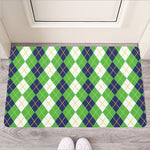 White Green And Navy Argyle Print Rubber Doormat