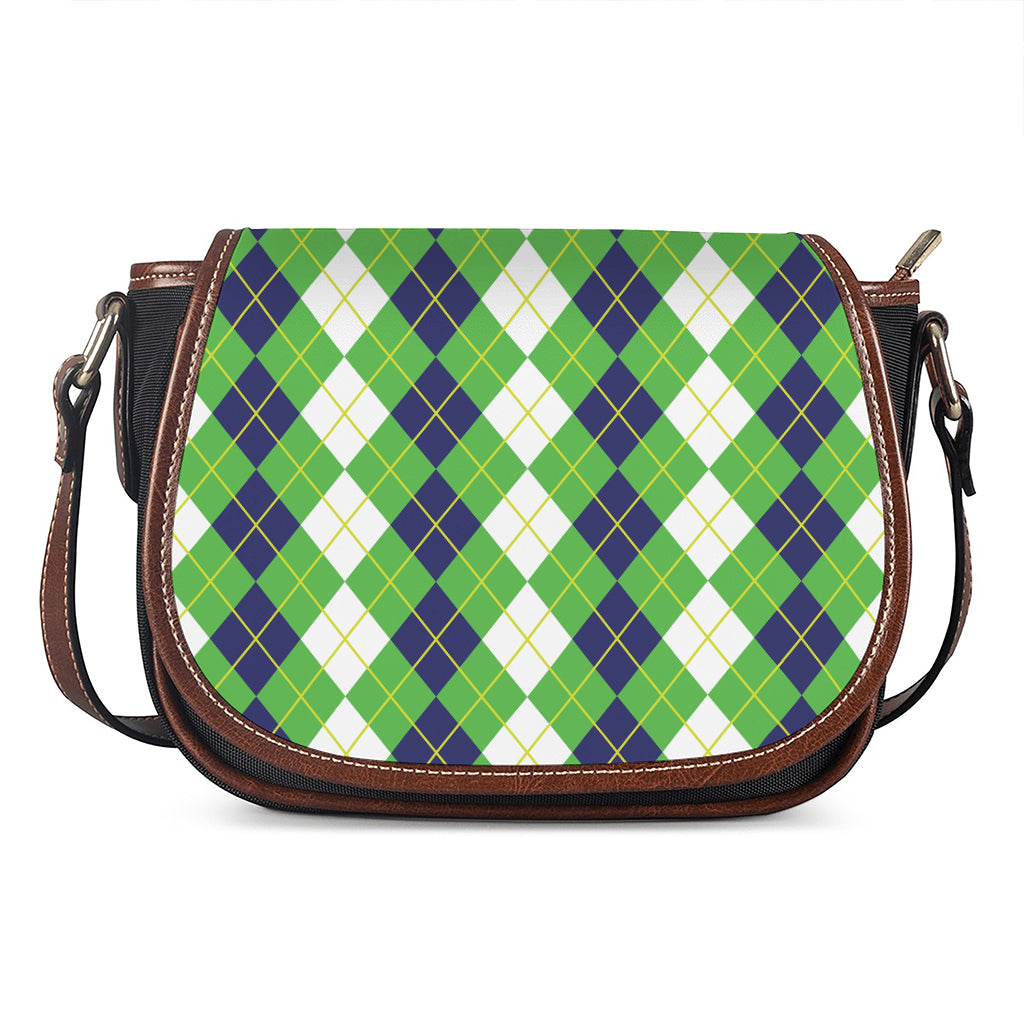 White Green And Navy Argyle Print Saddle Bag