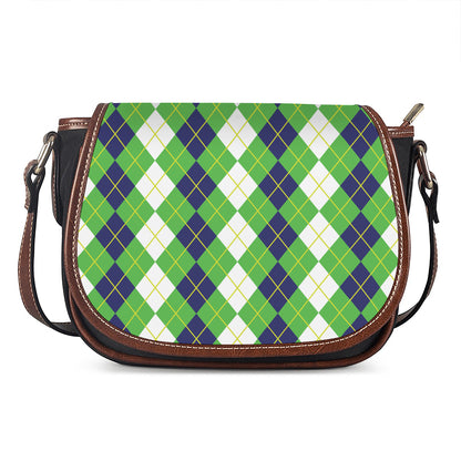 White Green And Navy Argyle Print Saddle Bag