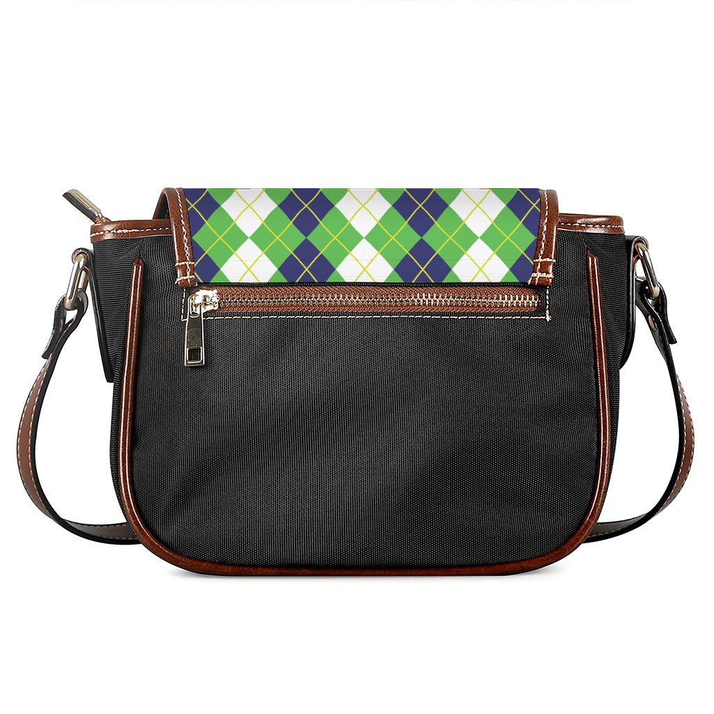 White Green And Navy Argyle Print Saddle Bag