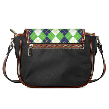 White Green And Navy Argyle Print Saddle Bag