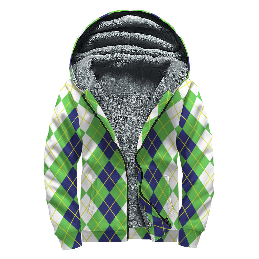 White Green And Navy Argyle Print Sherpa Lined Zip Up Hoodie