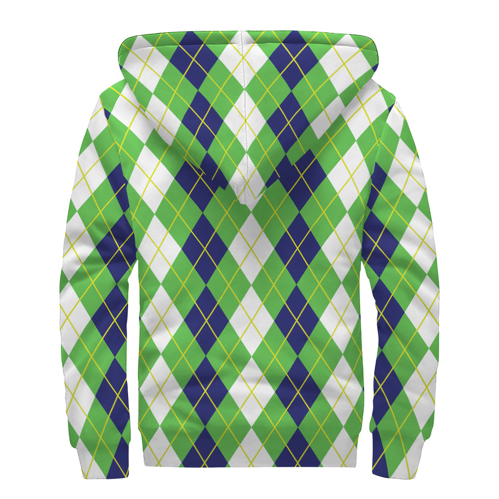 White Green And Navy Argyle Print Sherpa Lined Zip Up Hoodie