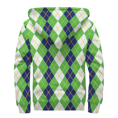 White Green And Navy Argyle Print Sherpa Lined Zip Up Hoodie