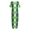 White Green And Navy Argyle Print Short Sleeve Long Nightdress