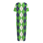 White Green And Navy Argyle Print Short Sleeve Long Nightdress