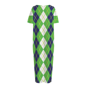 White Green And Navy Argyle Print Short Sleeve Long Nightdress