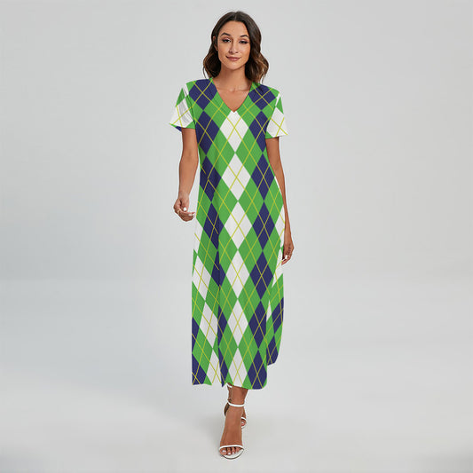 White Green And Navy Argyle Print Short Sleeve Maxi Dress