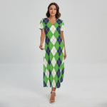 White Green And Navy Argyle Print Short Sleeve Maxi Dress