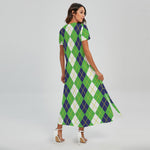 White Green And Navy Argyle Print Short Sleeve Maxi Dress