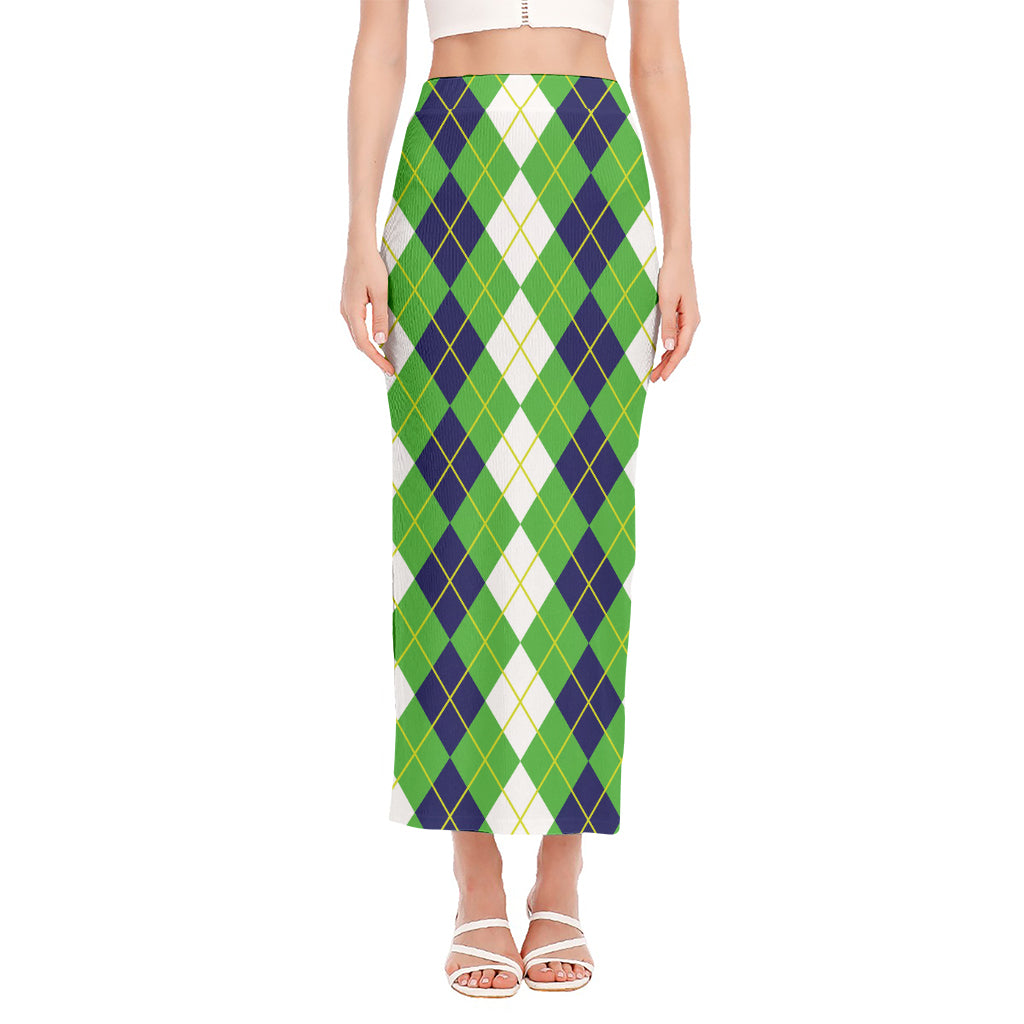 White Green And Navy Argyle Print Side Slit Maxi Skirt