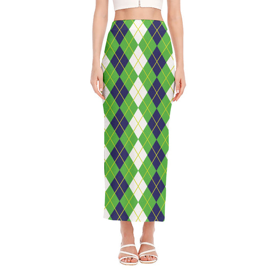White Green And Navy Argyle Print Side Slit Maxi Skirt