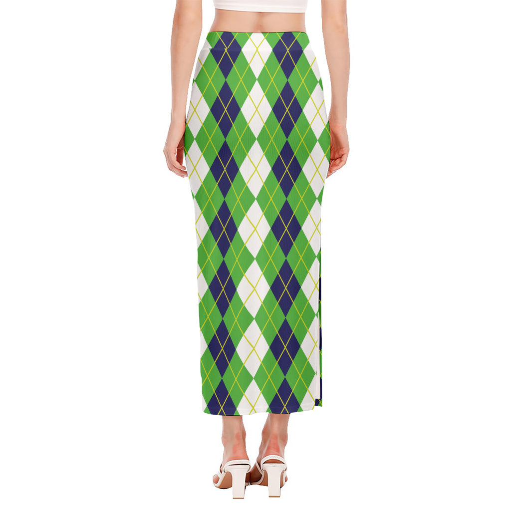 White Green And Navy Argyle Print Side Slit Maxi Skirt
