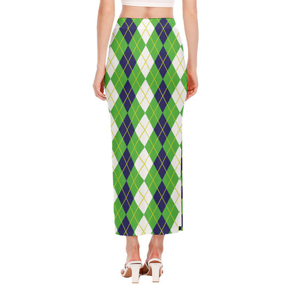 White Green And Navy Argyle Print Side Slit Maxi Skirt