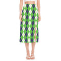 White Green And Navy Argyle Print Side Slit Midi Skirt