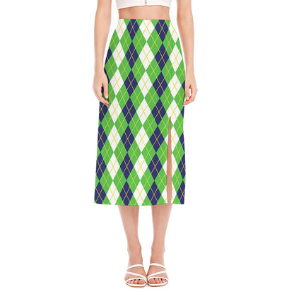 White Green And Navy Argyle Print Side Slit Midi Skirt