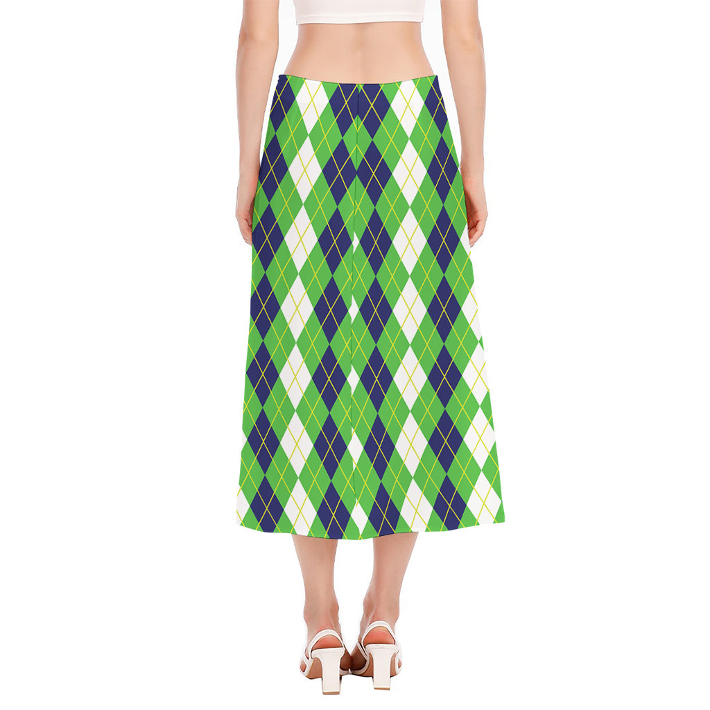 White Green And Navy Argyle Print Side Slit Midi Skirt