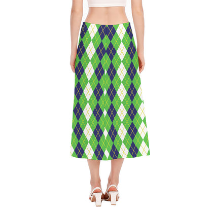 White Green And Navy Argyle Print Side Slit Midi Skirt