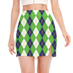 White Green And Navy Argyle Print Side Slit Mini Skirt