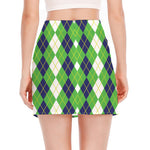 White Green And Navy Argyle Print Side Slit Mini Skirt