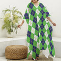 White Green And Navy Argyle Print Silk V-Neck Kaftan Dress
