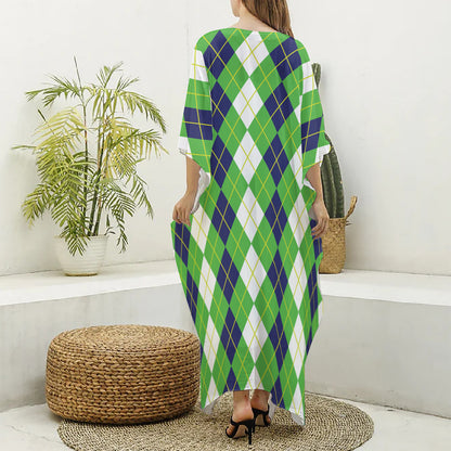 White Green And Navy Argyle Print Silk V-Neck Kaftan Dress