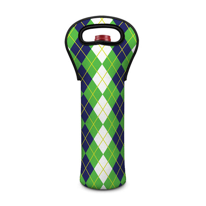 White Green And Navy Argyle Print Single Neoprene Wine Tote