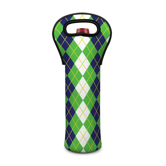 White Green And Navy Argyle Print Single Neoprene Wine Tote