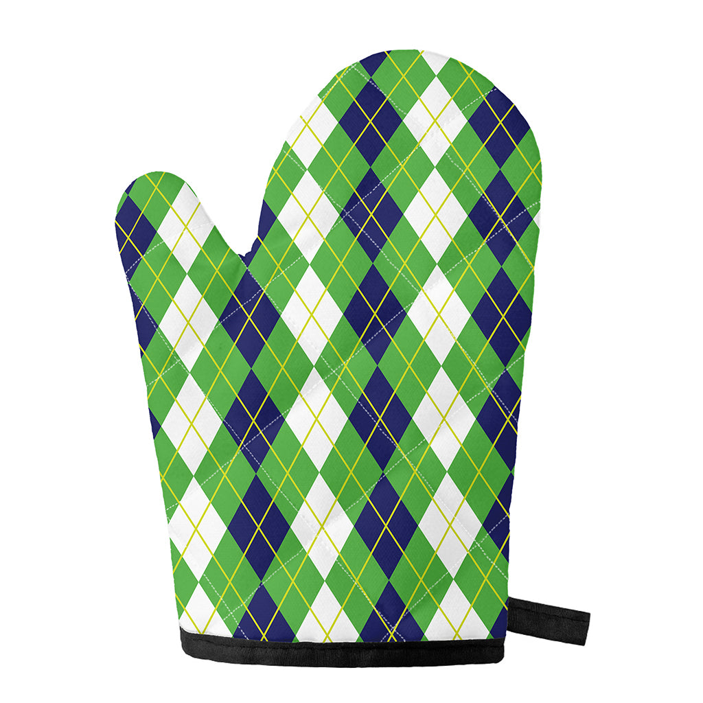 White Green And Navy Argyle Print Single Oven Mitt