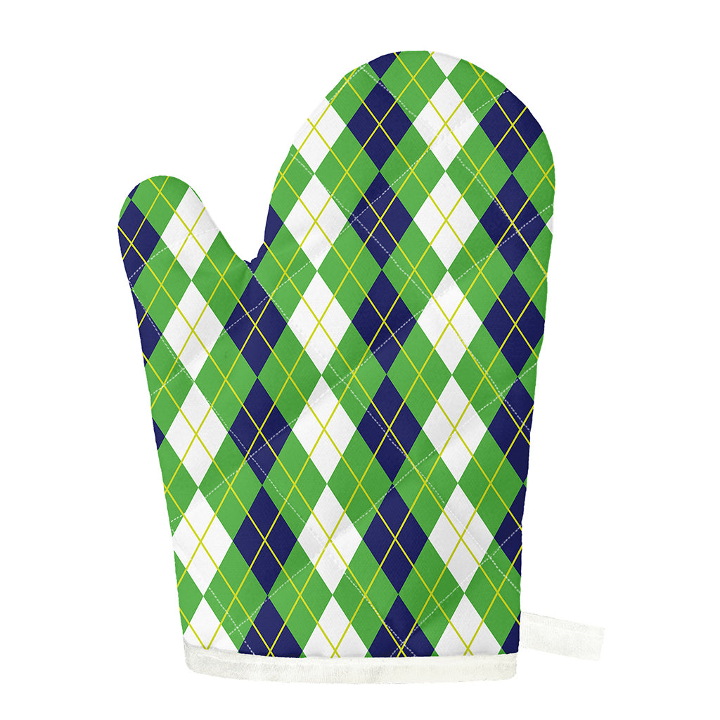 White Green And Navy Argyle Print Single Oven Mitt